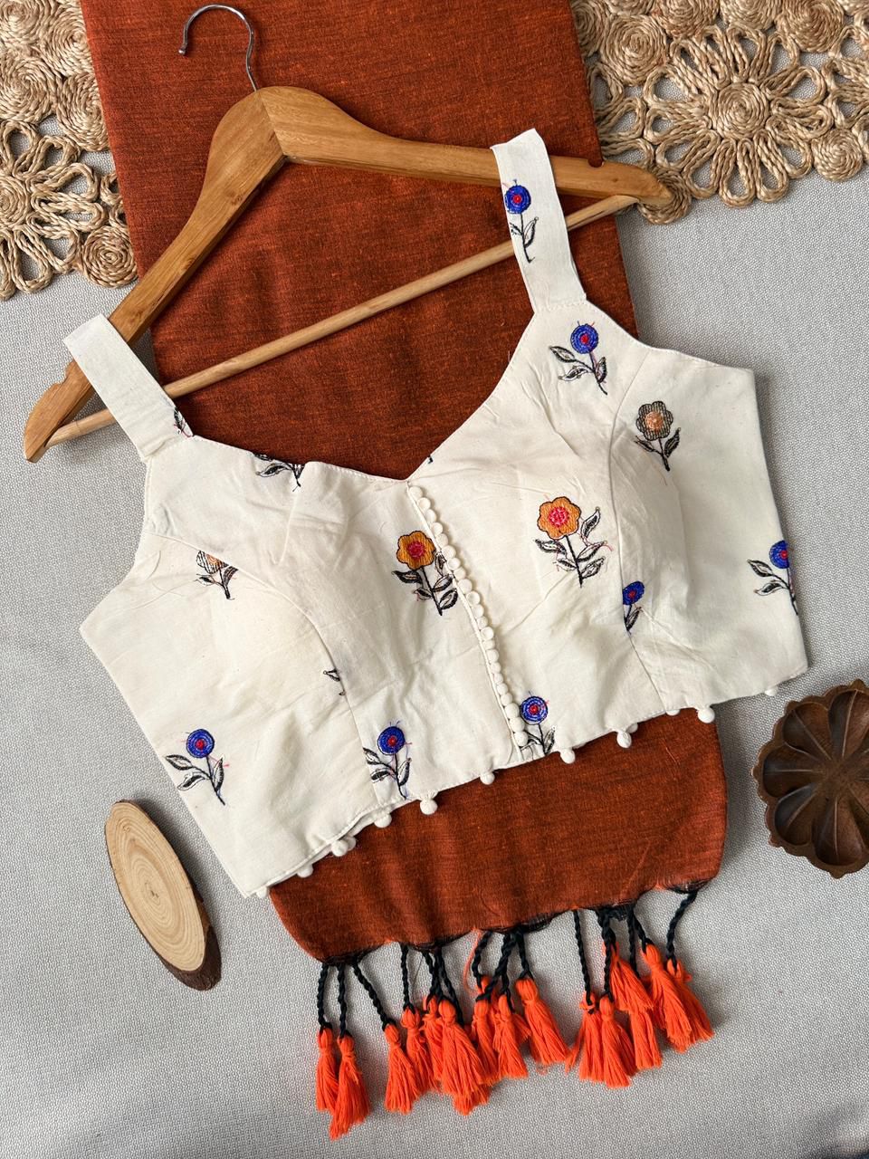 Khadi Cotton Saree with Designer Embroidered Sleeveless Blouse