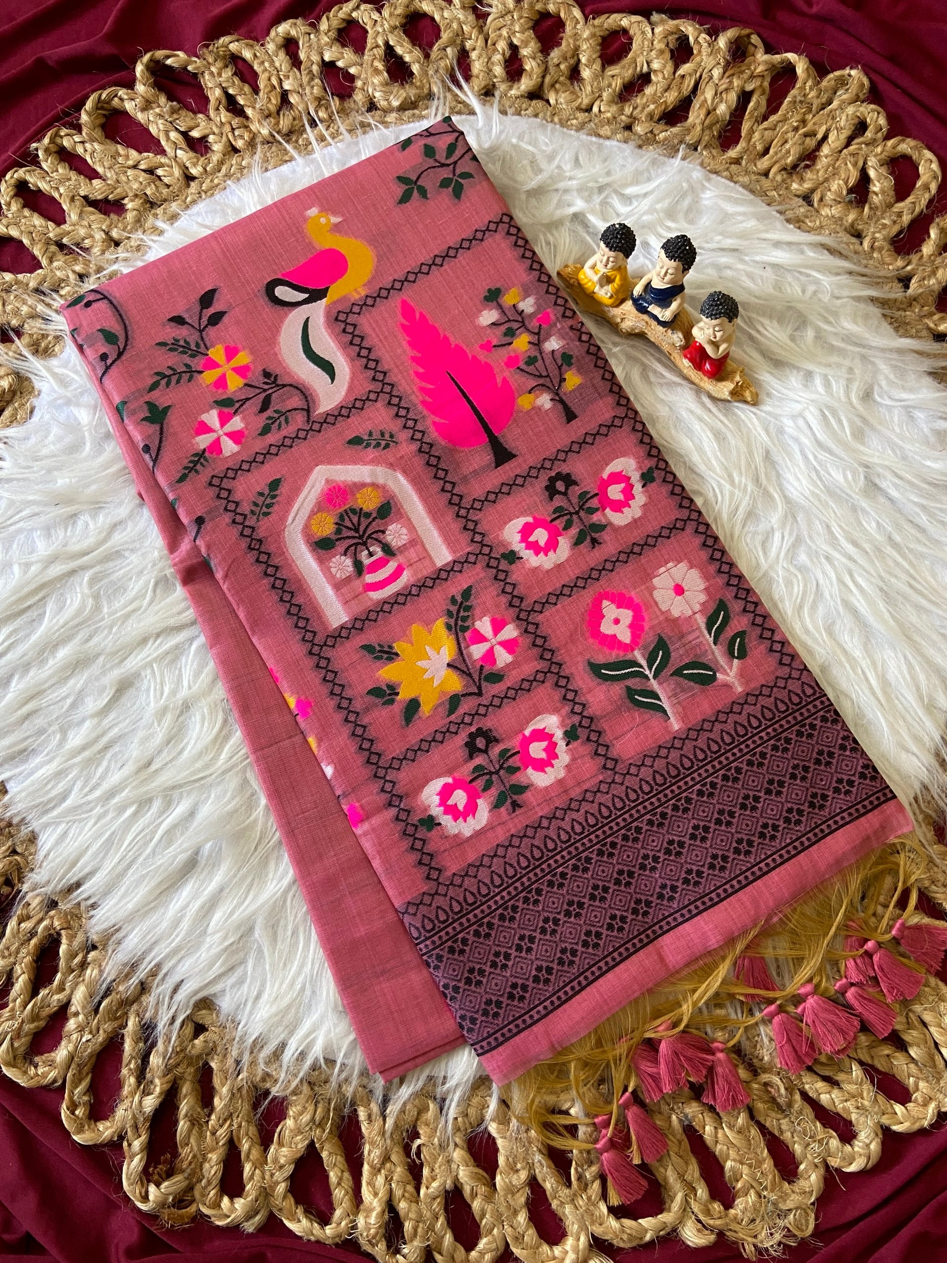 Premium Soft Jamdani Cotton Saree with 3D Peacock Weaving Pallu