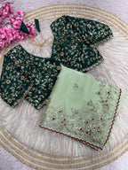 Fandy Satin C-Pallu Saree and Designer Stitched Blouse