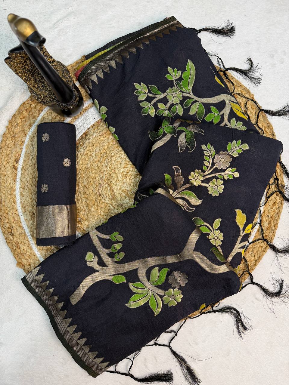 Hand Dyed Khadi Crepe Silk Saree with Bird Motifs