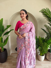 Awesome Embroidery Work Lavender Color Saree