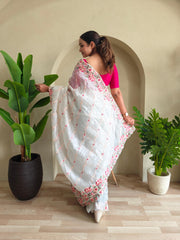 Awesome Embroidery Work White Color Saree