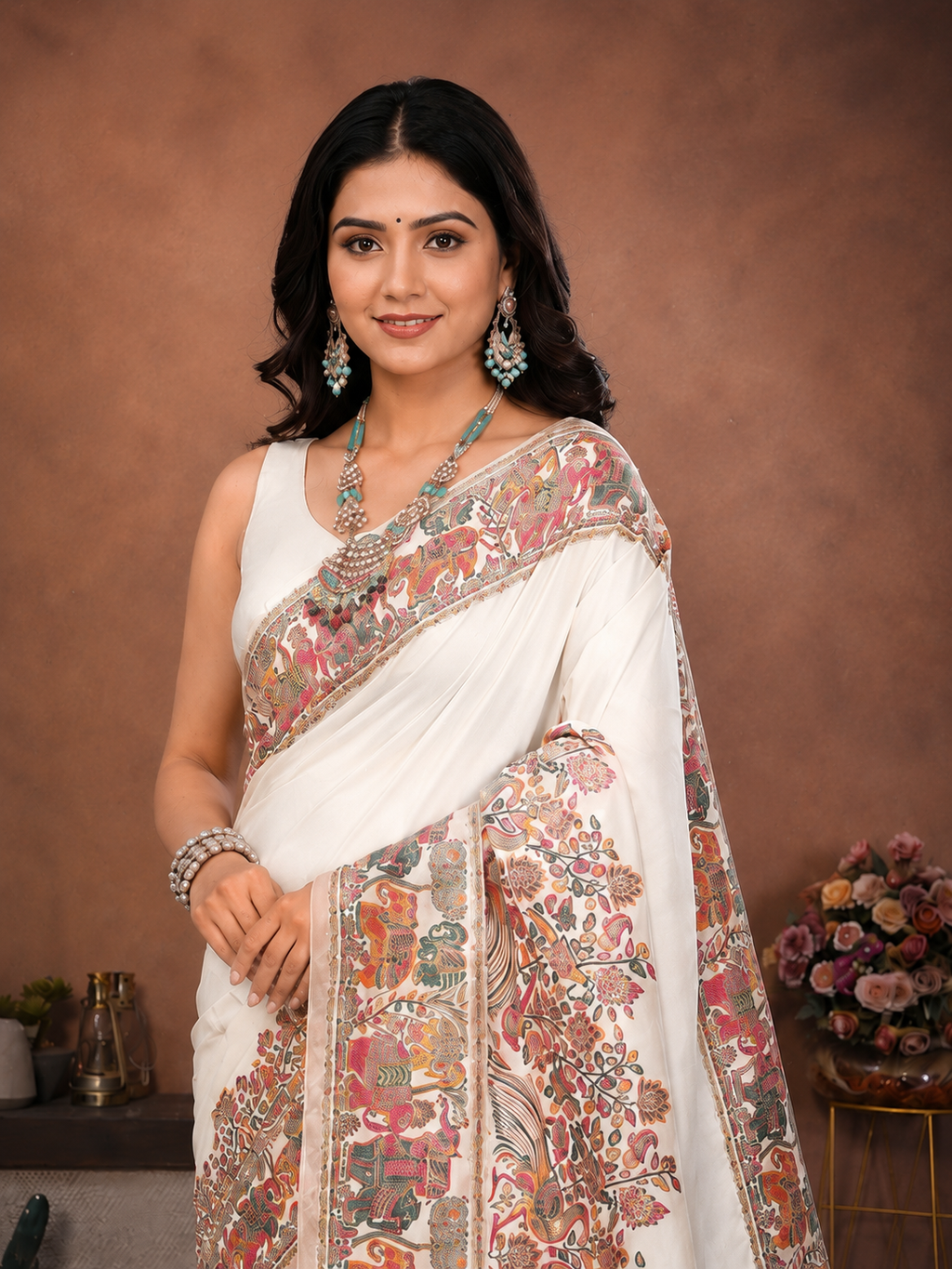 Beige Pashmina Saree With Embrocation Blouse Piece