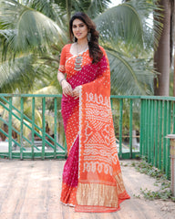 Adorable Bandhej Silk Saree Pink With Orange Color Saree