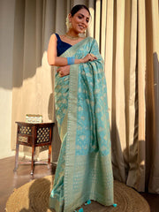 Trendy Jaquard Sky Blue Color Silk Saree