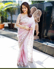 Madhuri Dixit Bollywood Soft Orgenza Baby Pink Color Saree