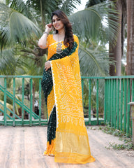 Adorable Bandhej Silk Saree Yellow With Green Color Saree