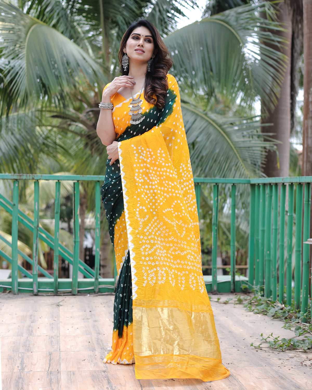 Adorable Bandhej Silk Saree Yellow With Green Color Saree