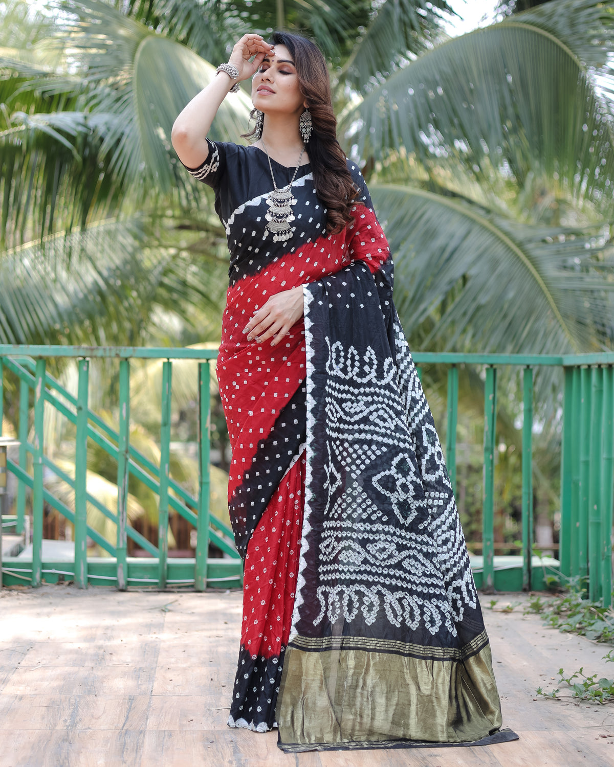 Adorable Bandhej Silk Saree Black With Red Color Saree