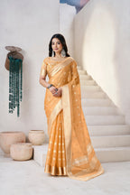 Soft Linen Cotton Silk Saree with Gold Zari Weaving