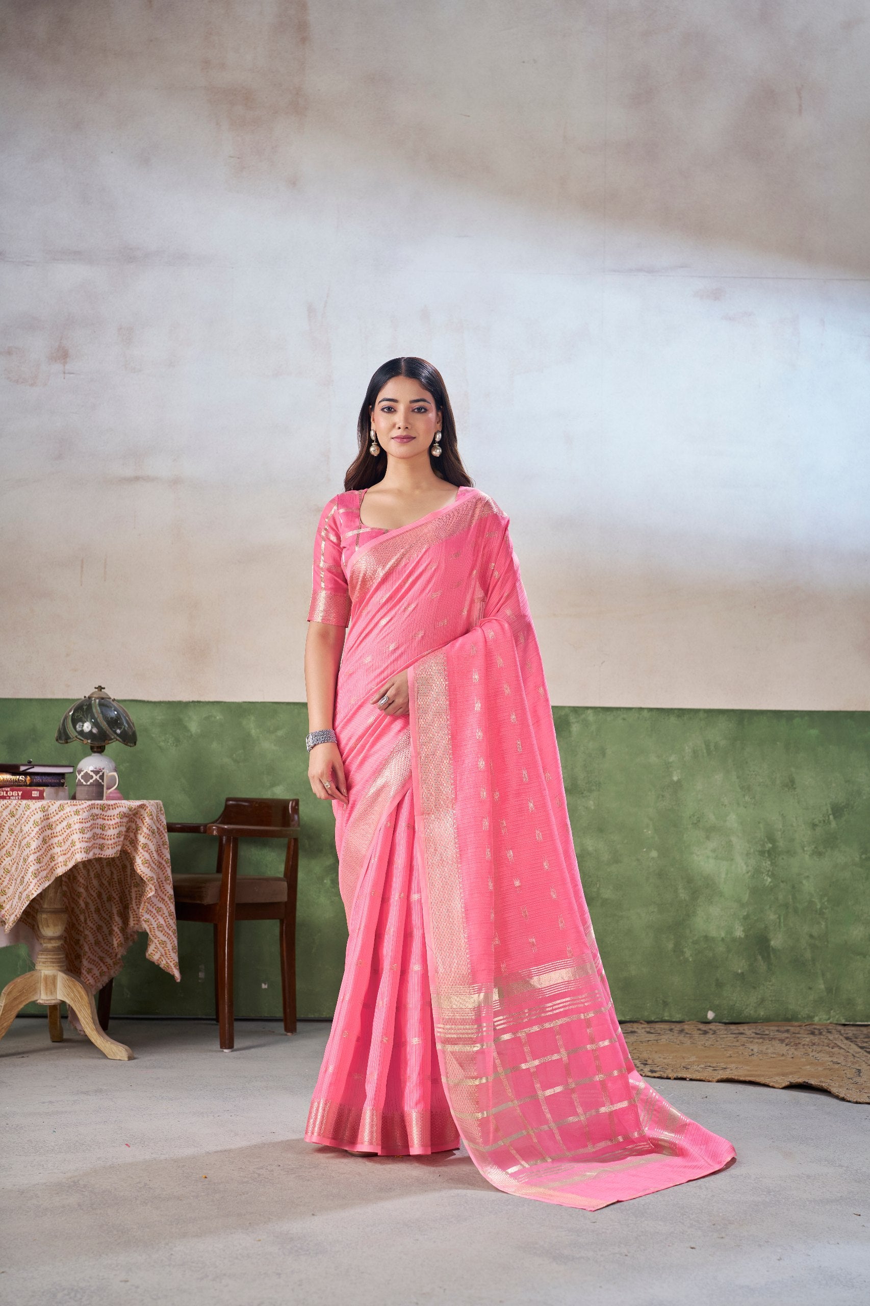 Party Wear Gold Zari Soft Linen Cotton Silk Saree