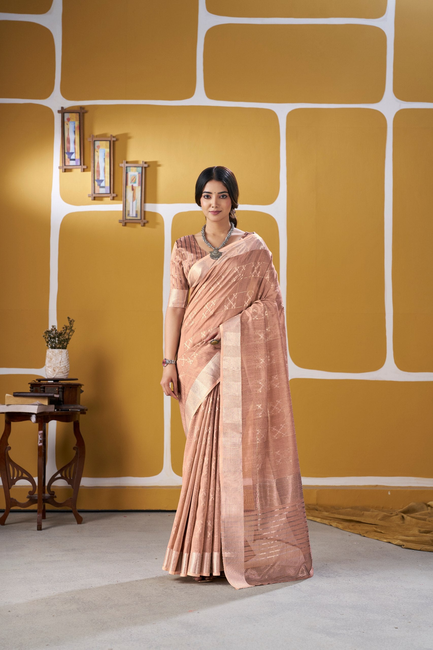 Premium Linen Cotton Silk Saree with Gold Zari Design