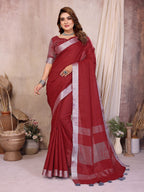 Beauty Soft Linen Cotton Saree with Silver Zari Border