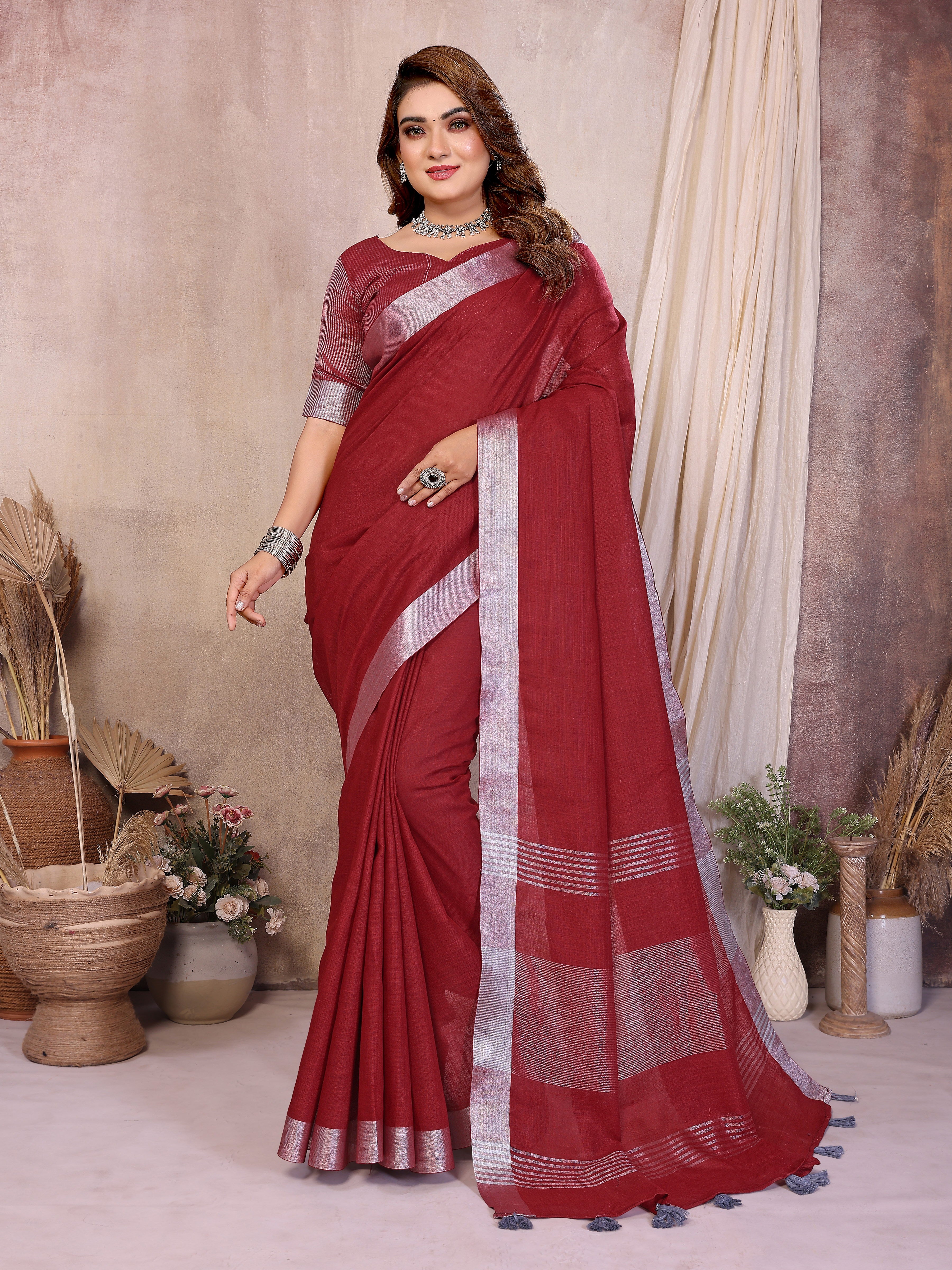 Beauty Soft Linen Cotton Saree with Silver Zari Border