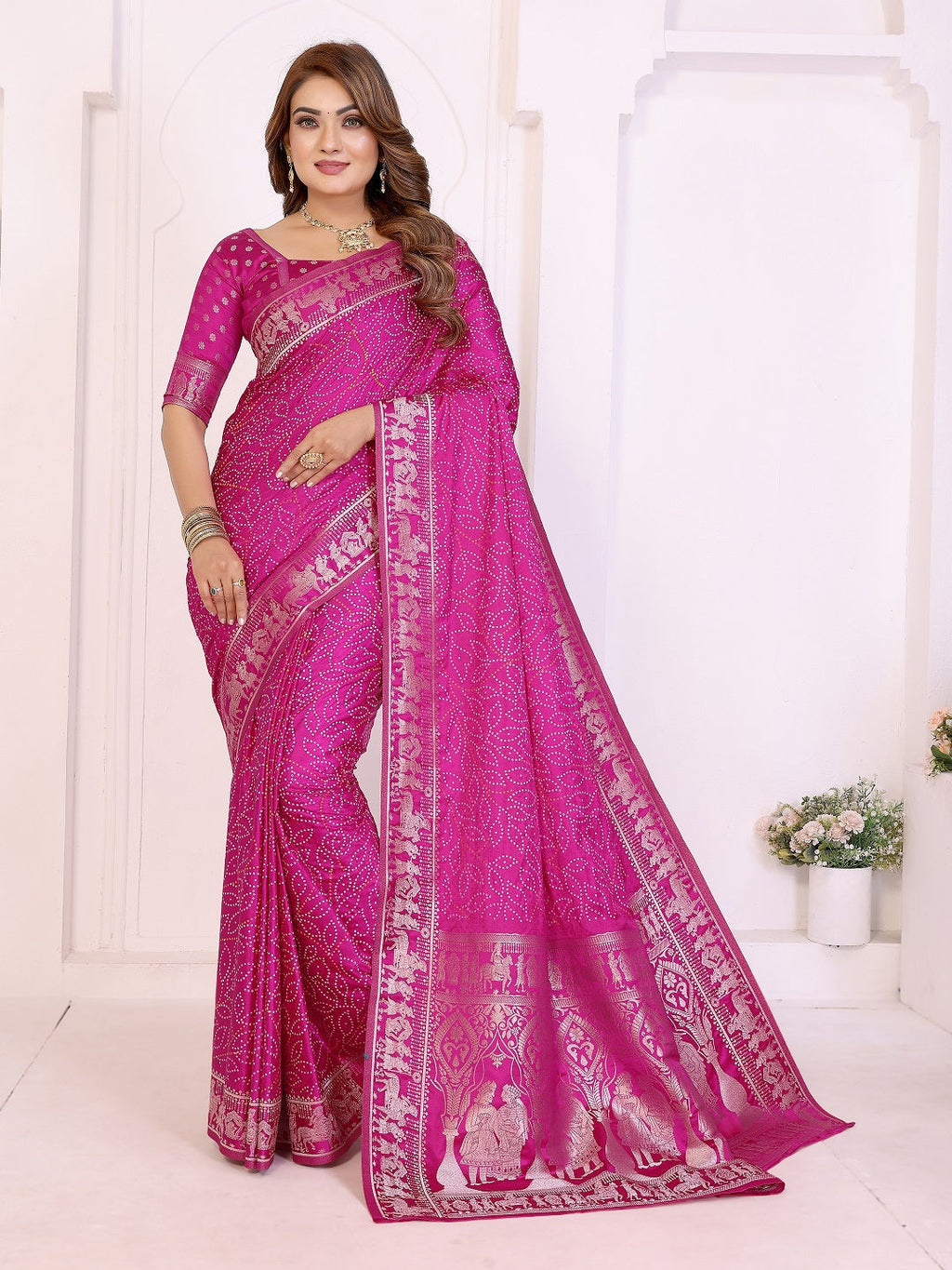 Kanchi Zari Border with Bandhej Print Saree