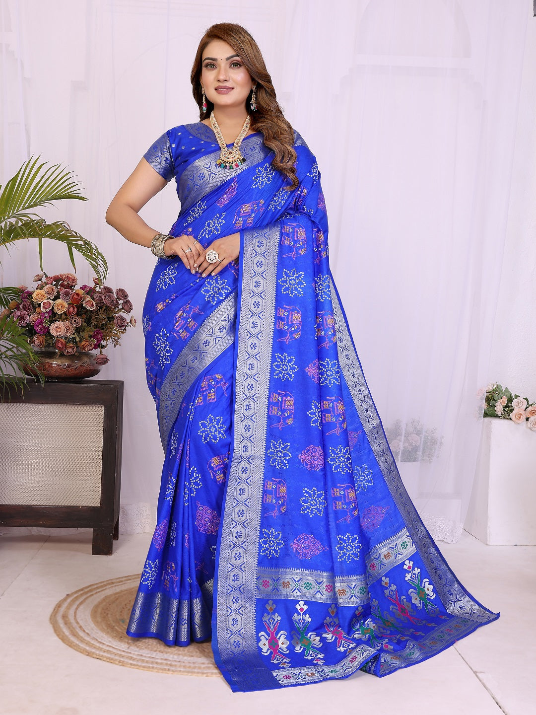 Dola Silk Bandhej Khadi Print Saree with Kanchi Border