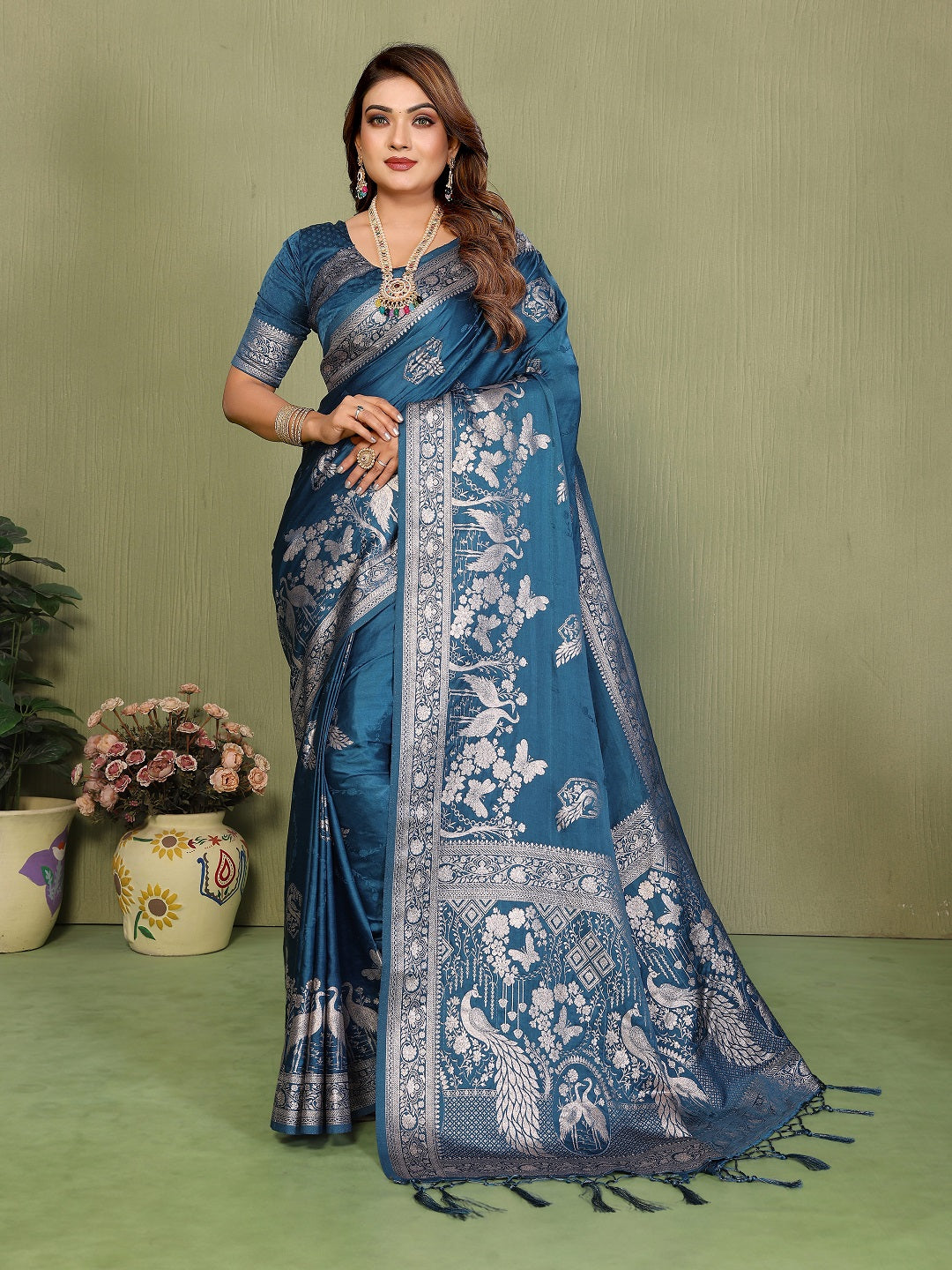 Zari Butta and Contrast Border Handloom Satin Silk Saree