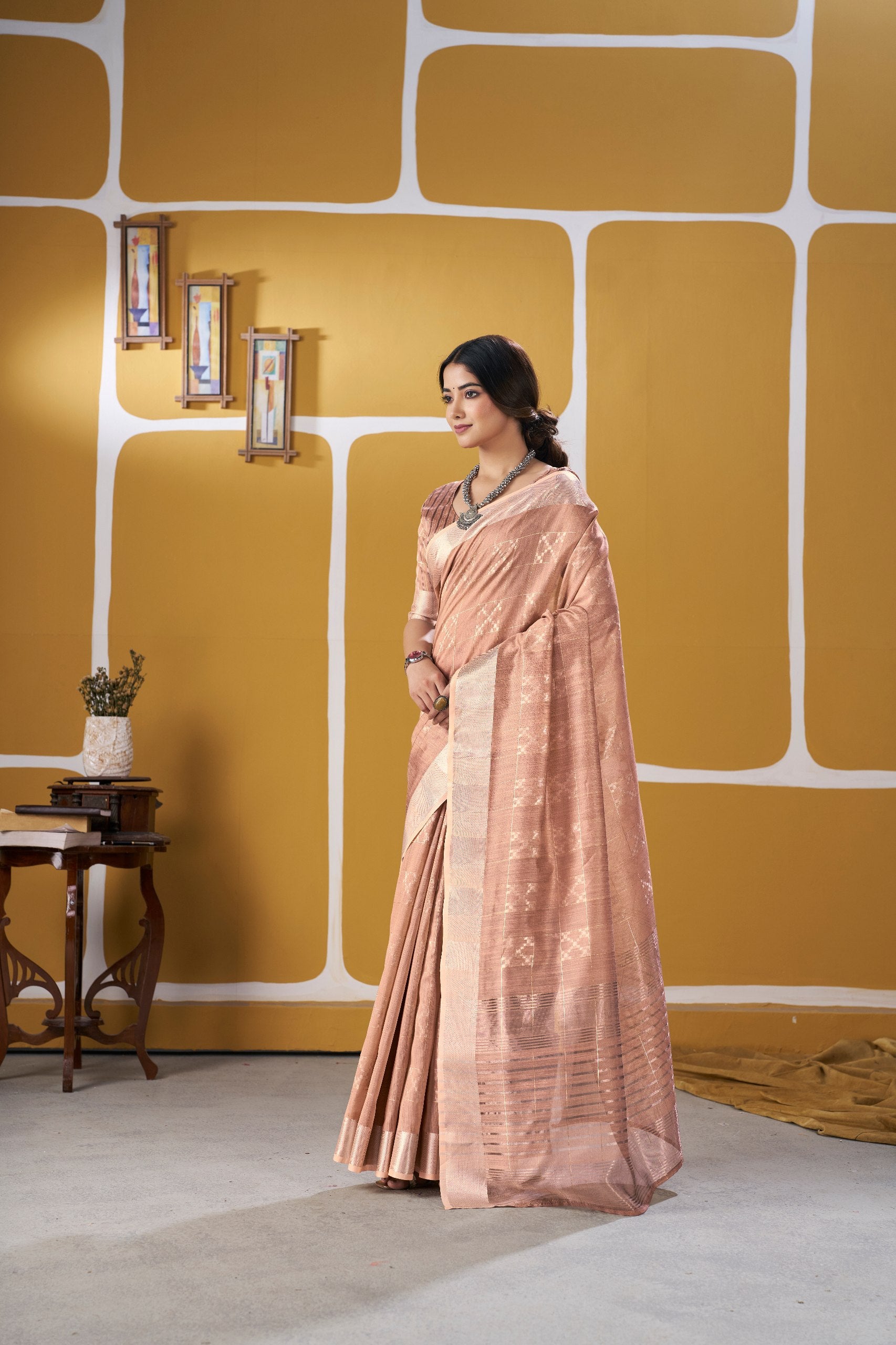 Premium Linen Cotton Silk Saree with Gold Zari Design