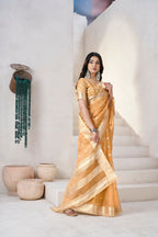 Soft Linen Cotton Silk Saree with Gold Zari Weaving
