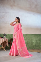 Party Wear Gold Zari Soft Linen Cotton Silk Saree