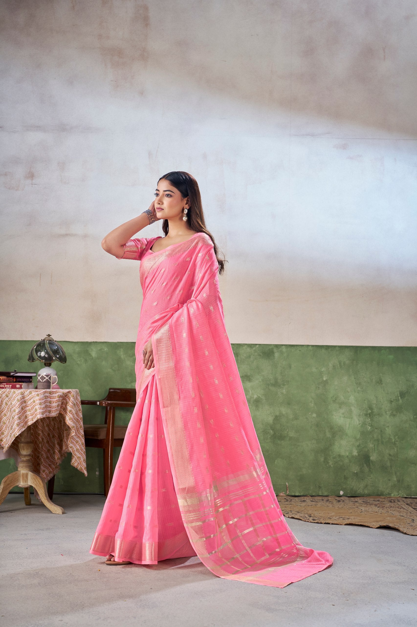 Party Wear Gold Zari Soft Linen Cotton Silk Saree