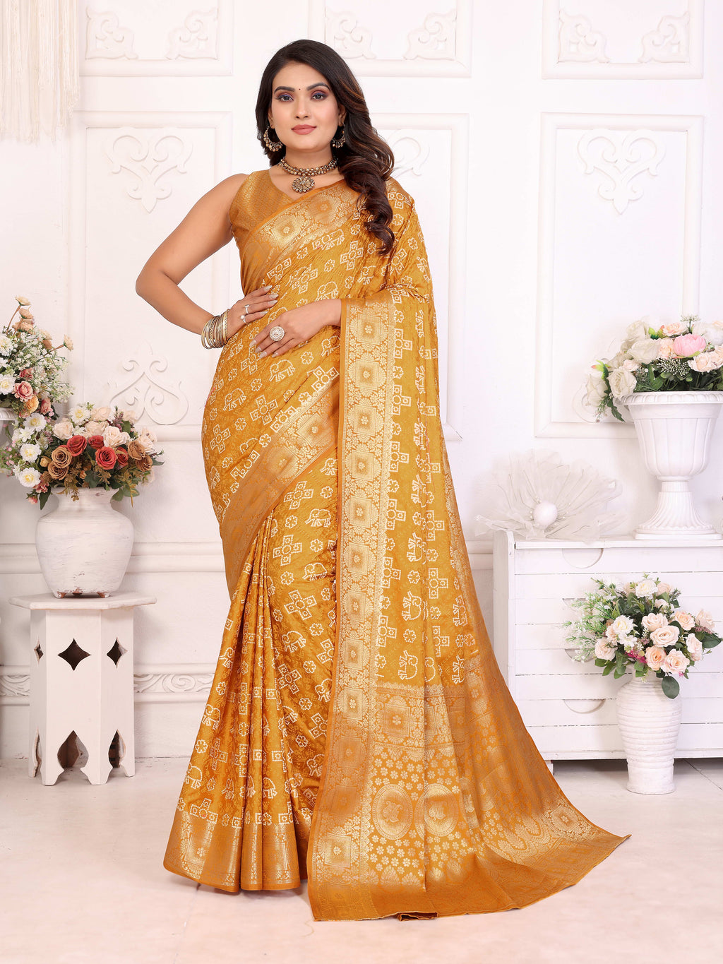 Bandhej Print Soft Satin Silk Saree with Zari Border