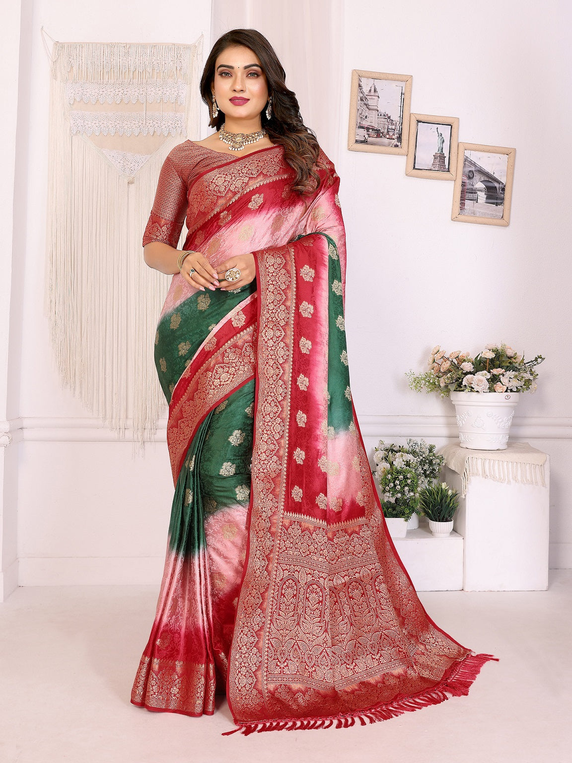 3D Multi Color Soft Satin Silk Dyed Saree with Zari Work
