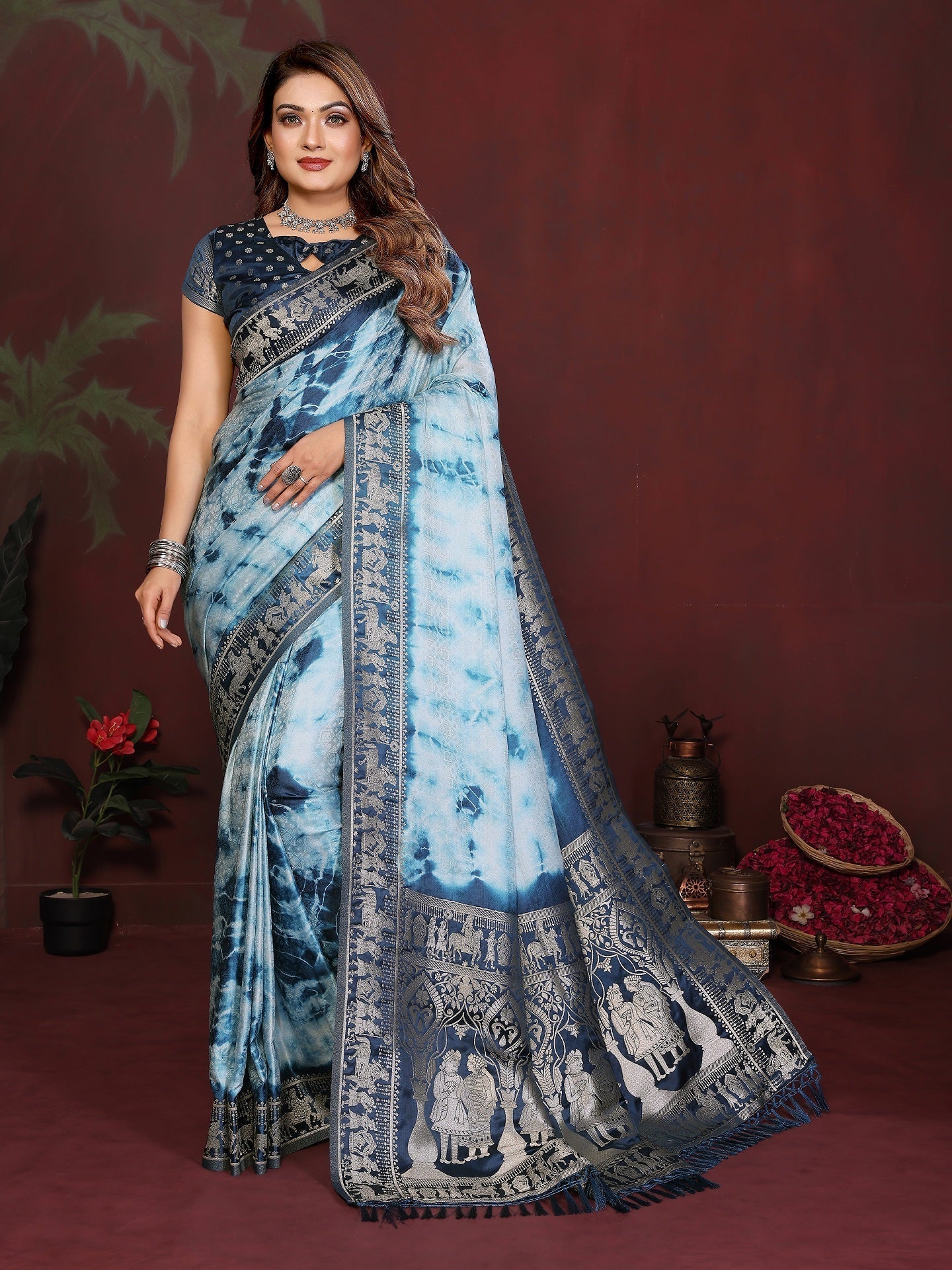 Sibori Bandhej Soft Satin Silk Zari Border Saree