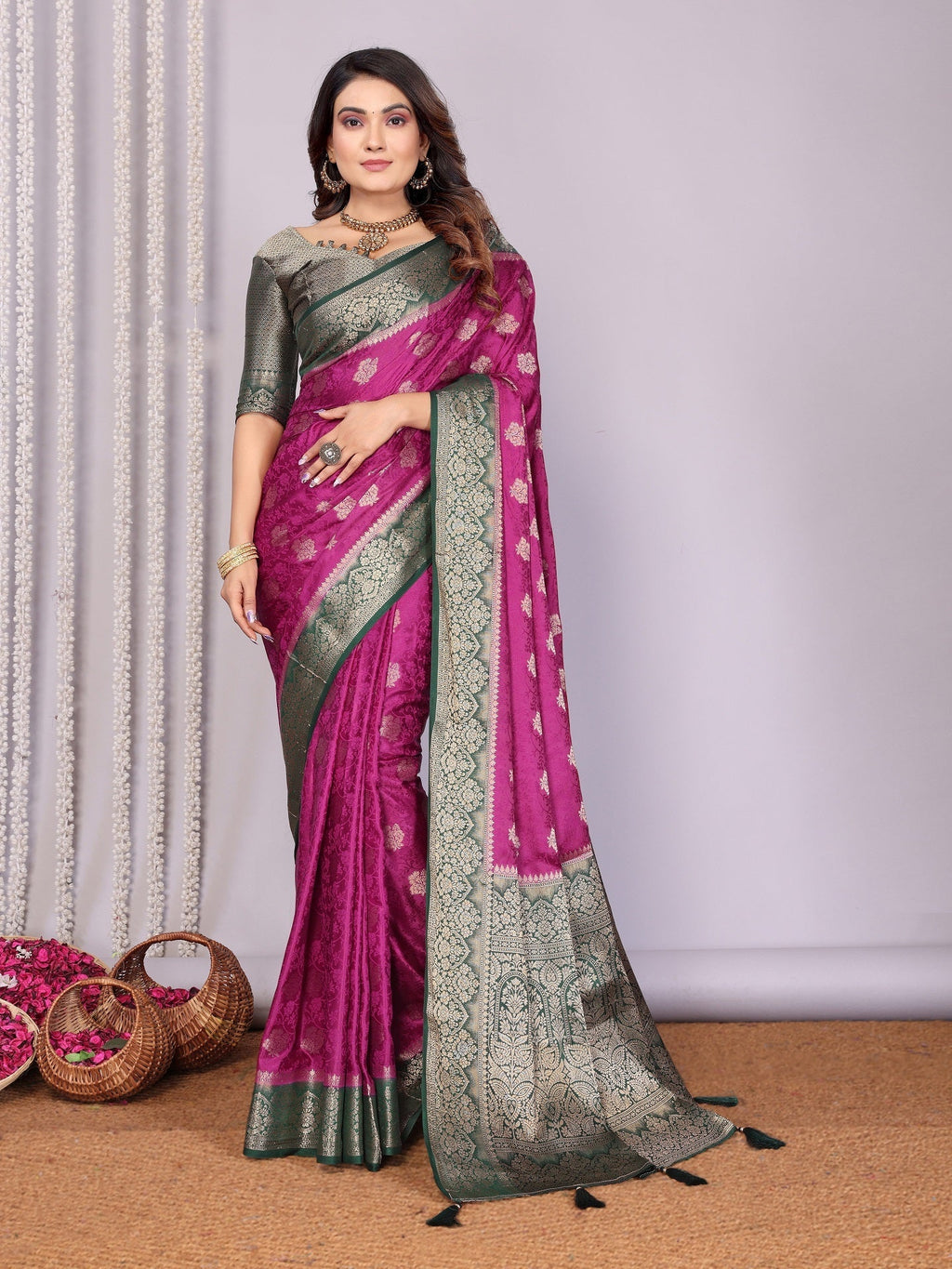 Zari Butta and Contrast Border Satin Silk Saree