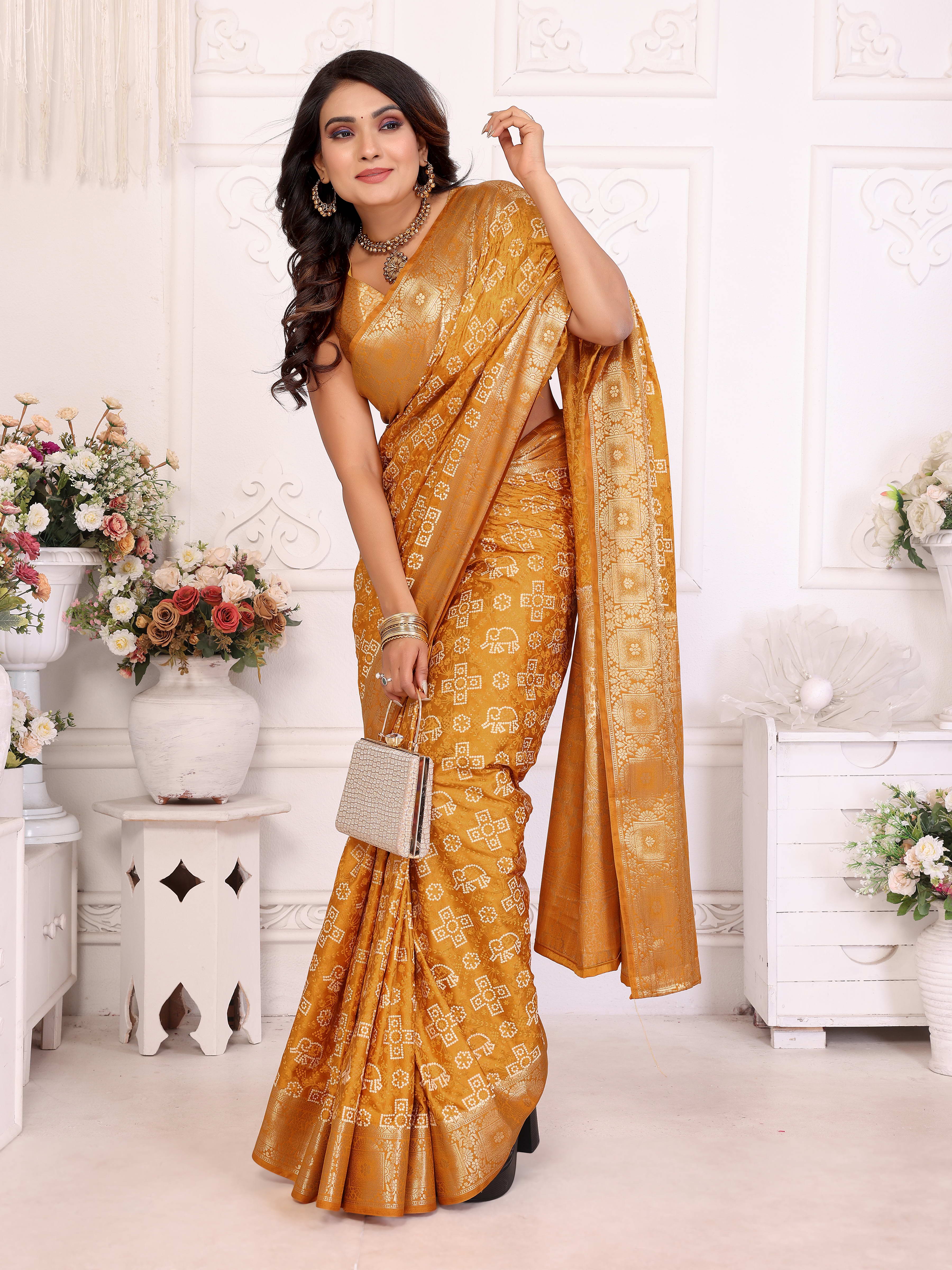 Bandhej Print Soft Satin Silk Saree with Zari Border