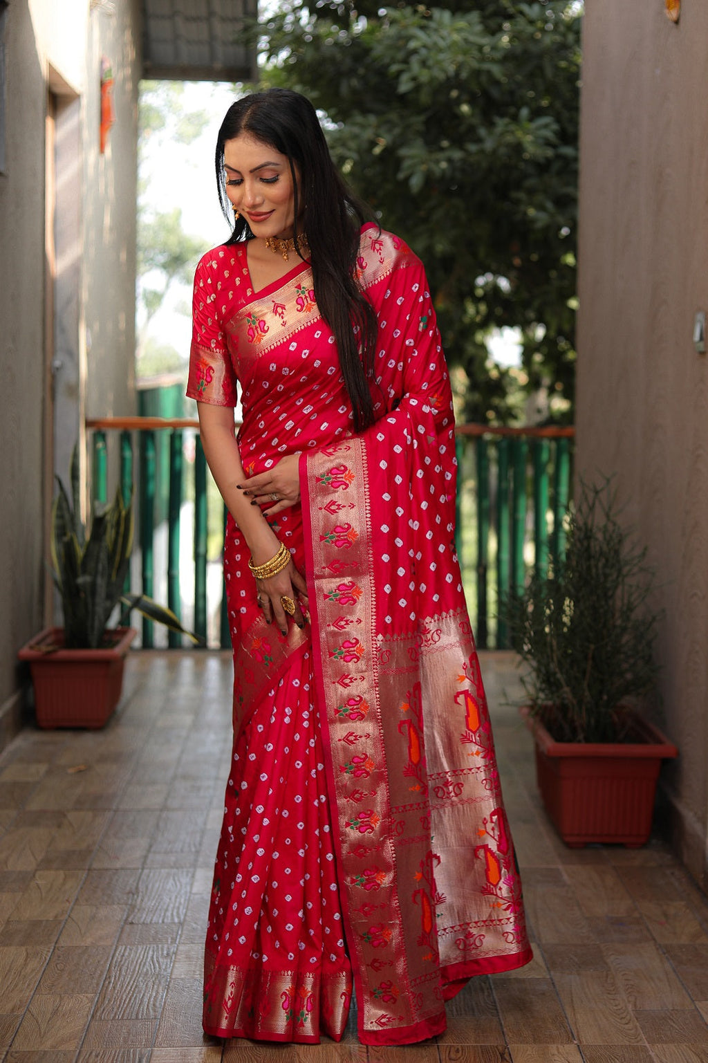 Dola Soft Silk Bandhej Paithani Saree with Zari Butti