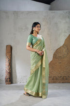 Rich Gold Zari Weaving Soft Linen Cotton Silk Saree