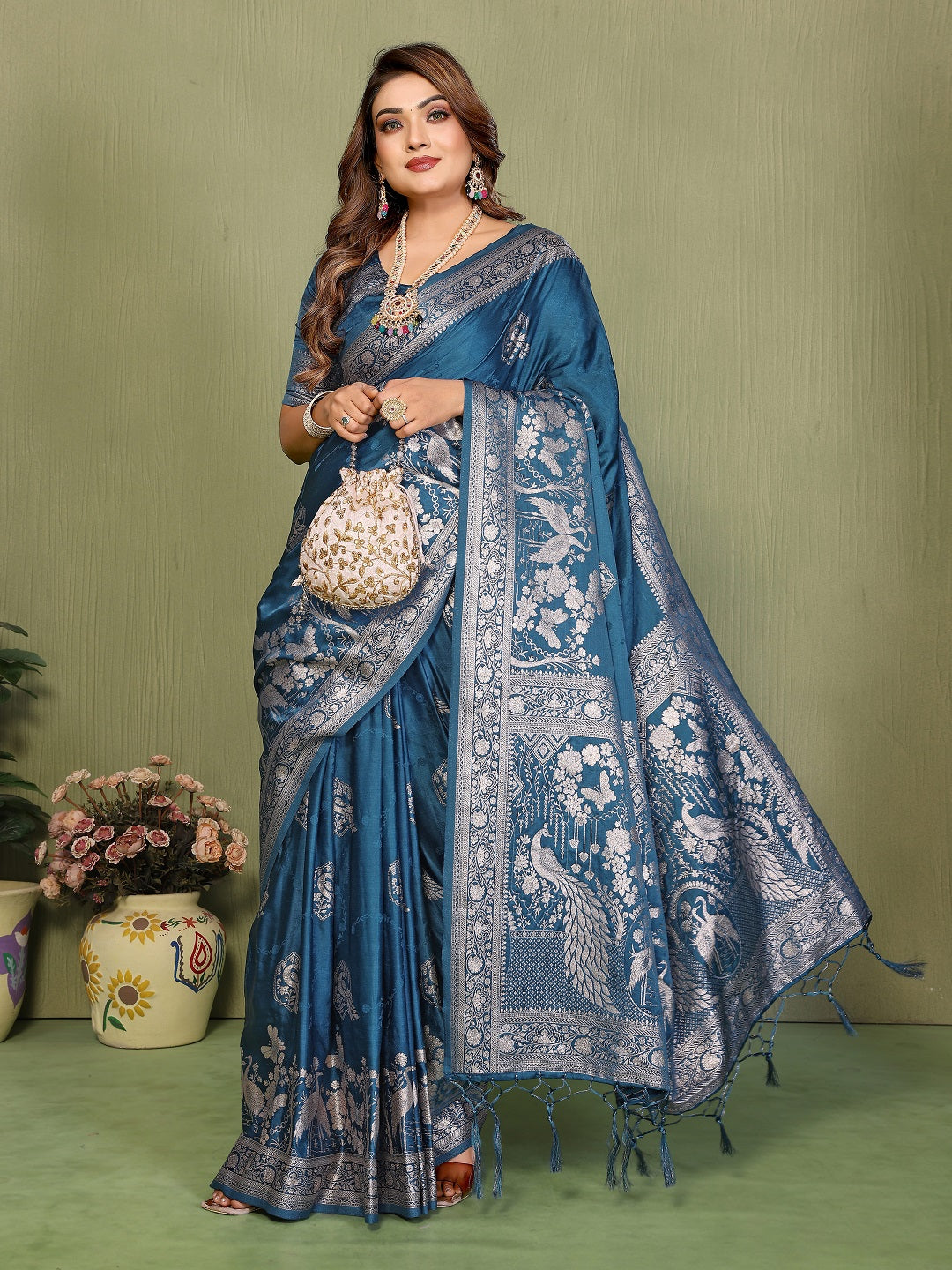 Zari Butta and Contrast Border Handloom Satin Silk Saree
