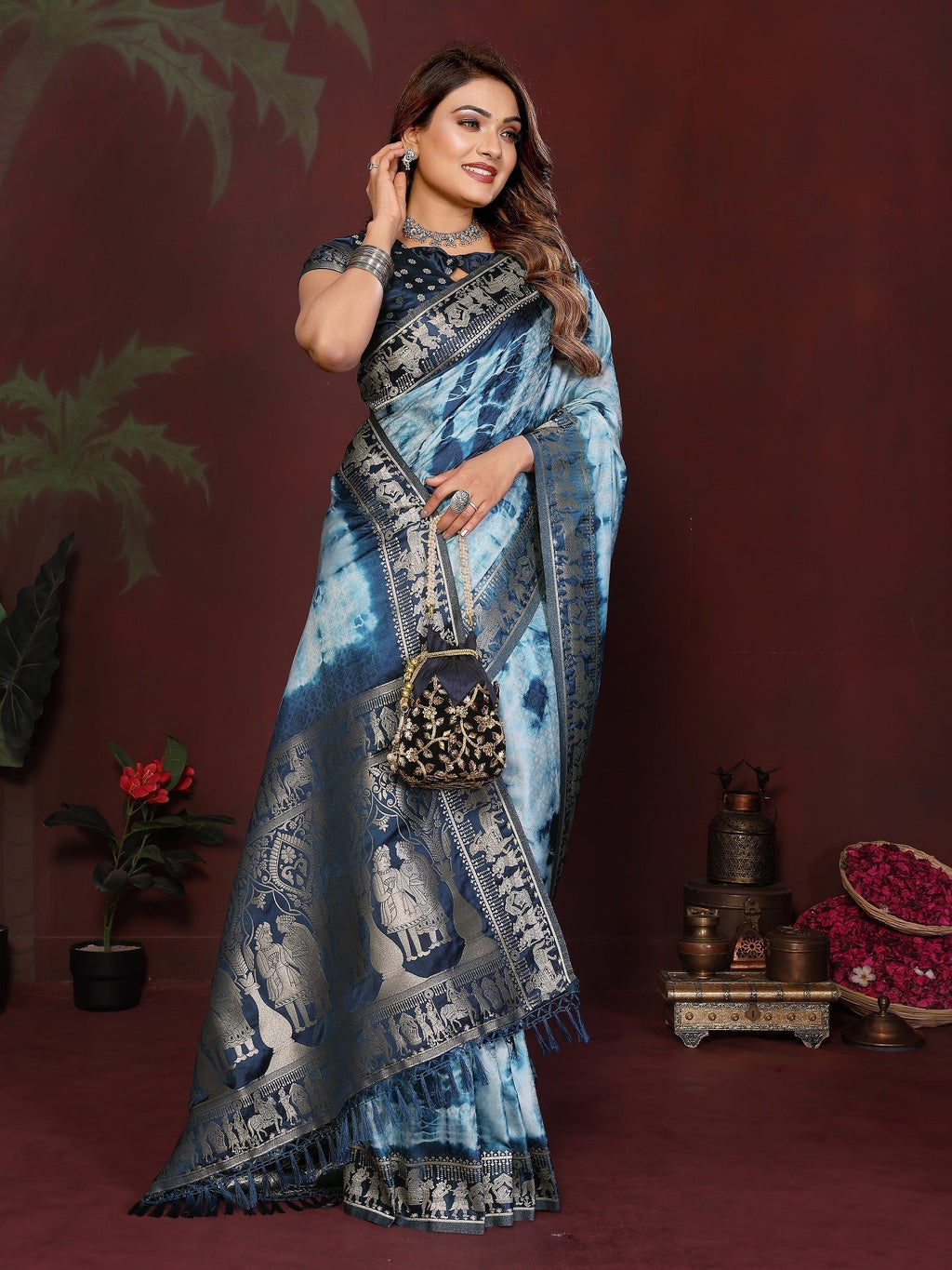 Sibori Bandhej Soft Satin Silk Zari Border Saree