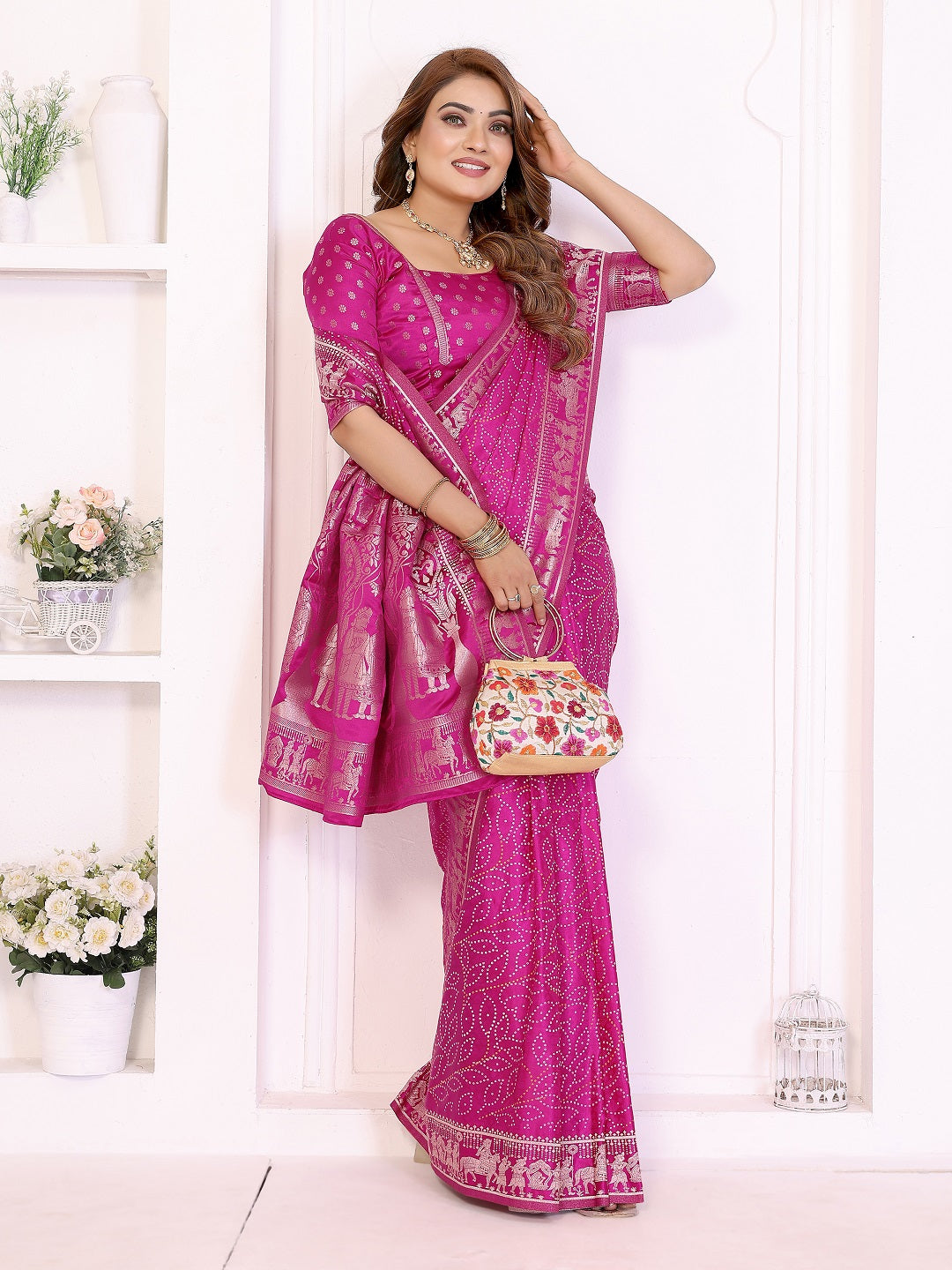 Kanchi Zari Border with Bandhej Print Saree
