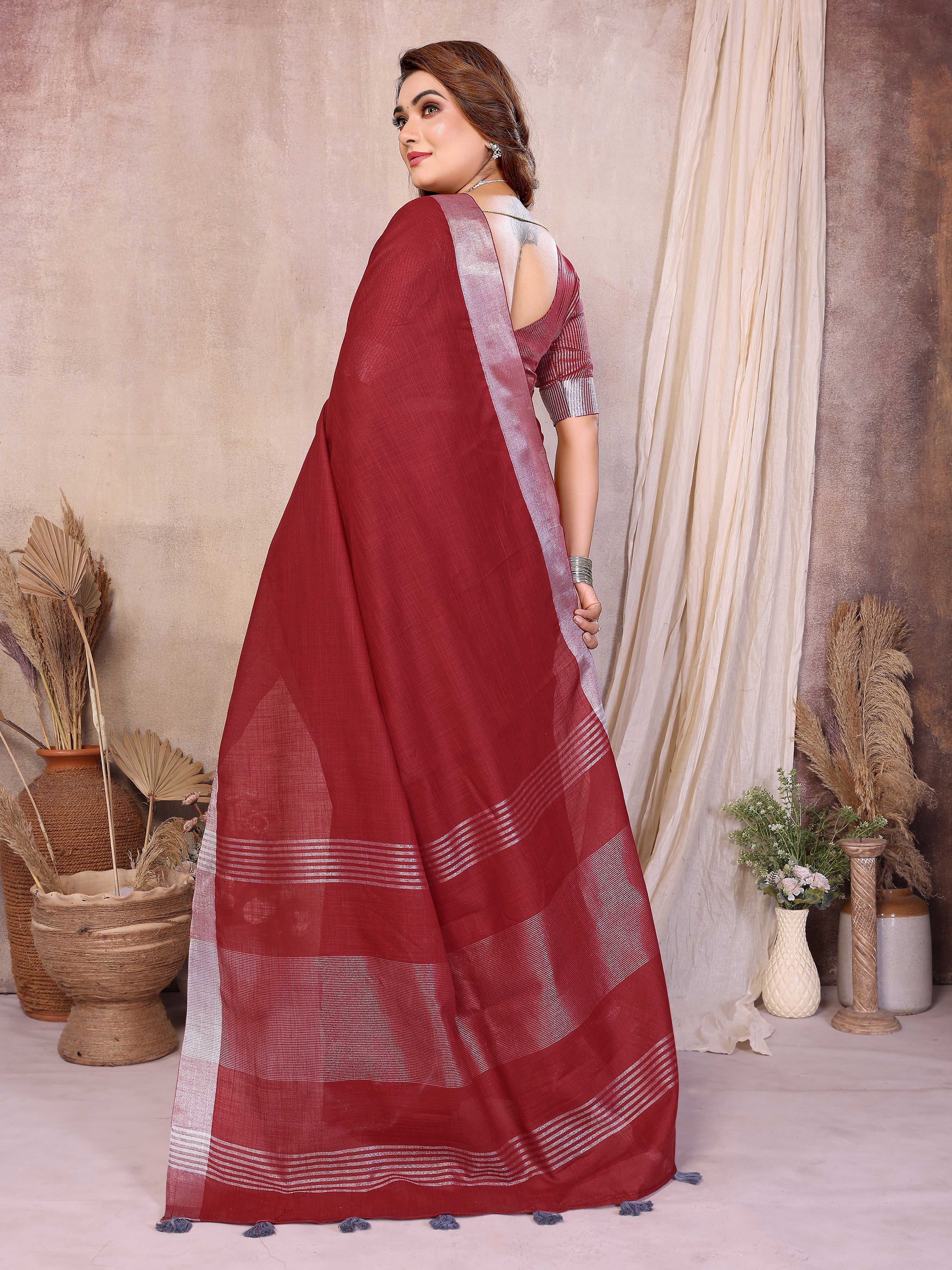 Beauty Soft Linen Cotton Saree with Silver Zari Border