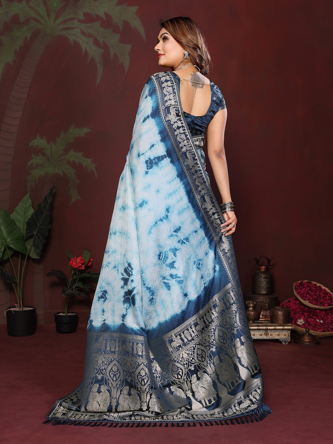 Sibori Bandhej Soft Satin Silk Zari Border Saree