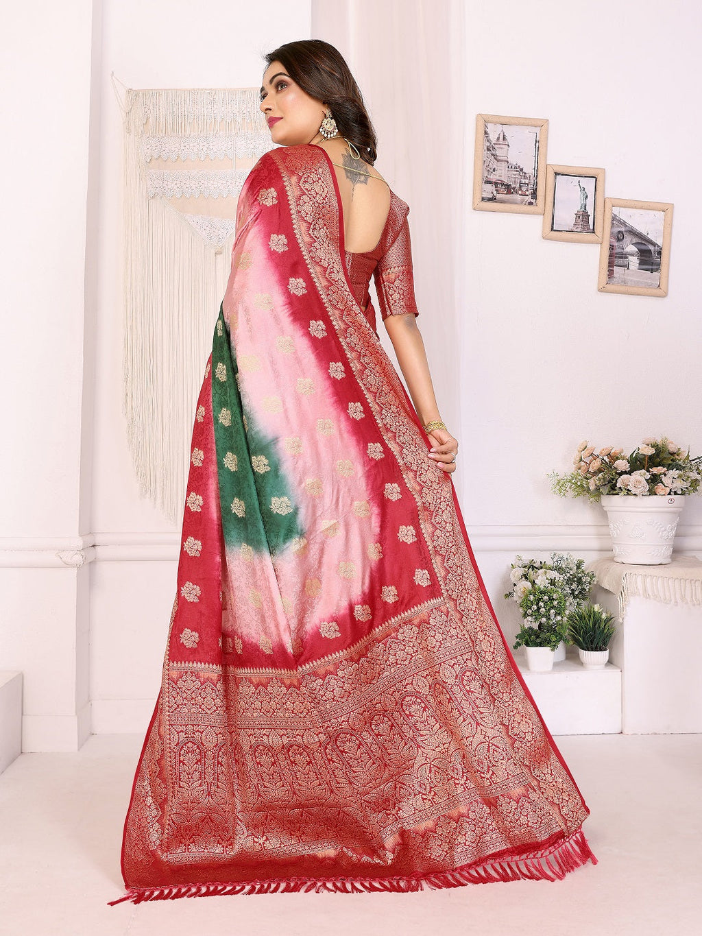 3D Multi Color Soft Satin Silk Dyed Saree with Zari Work