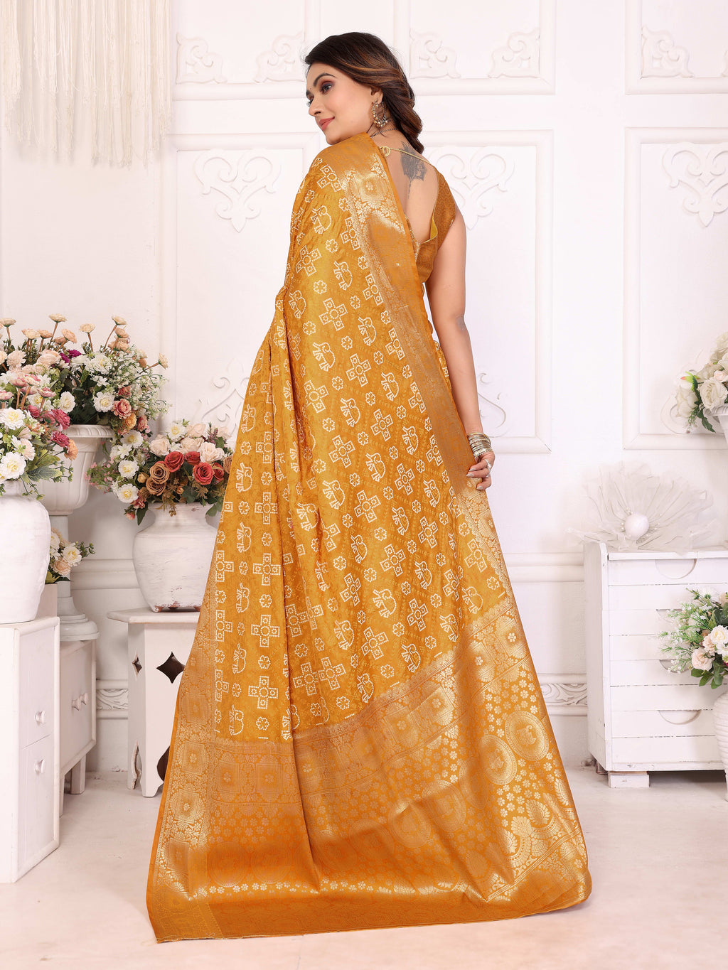 Bandhej Print Soft Satin Silk Saree with Zari Border