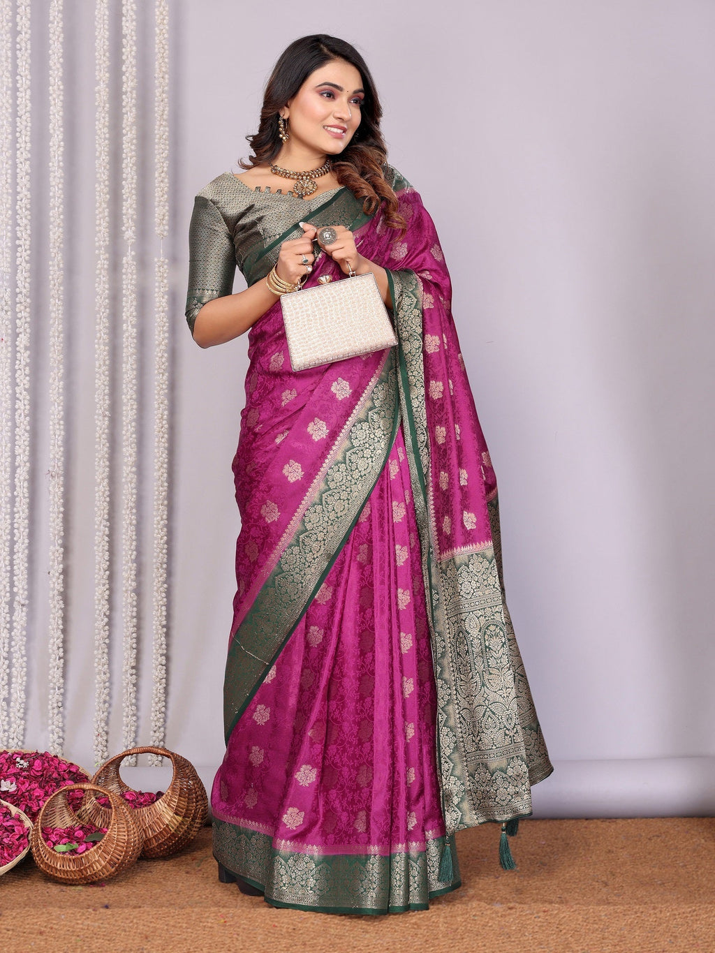 Zari Butta and Contrast Border Satin Silk Saree