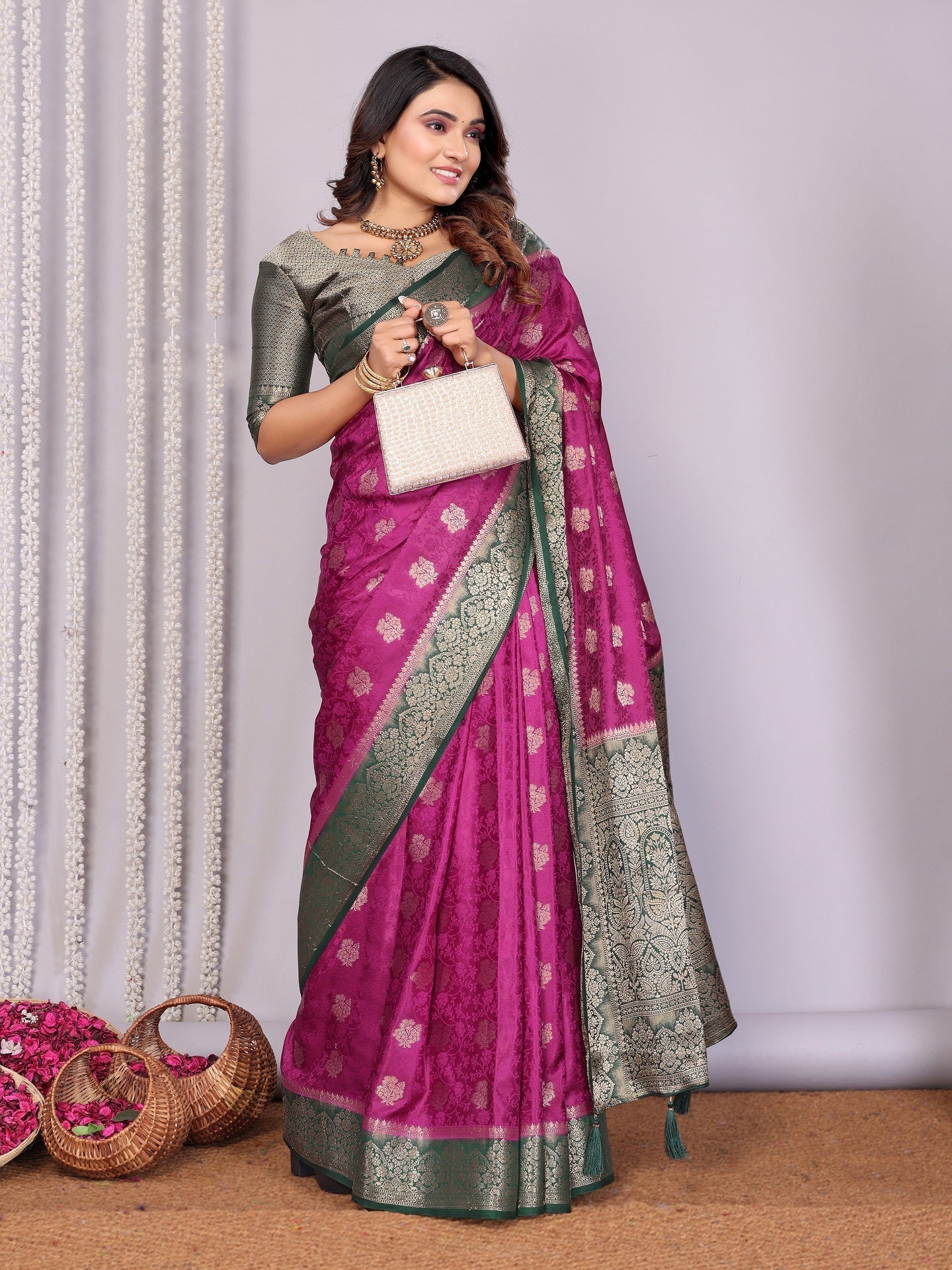 Zari Butta and Contrast Border Satin Silk Saree