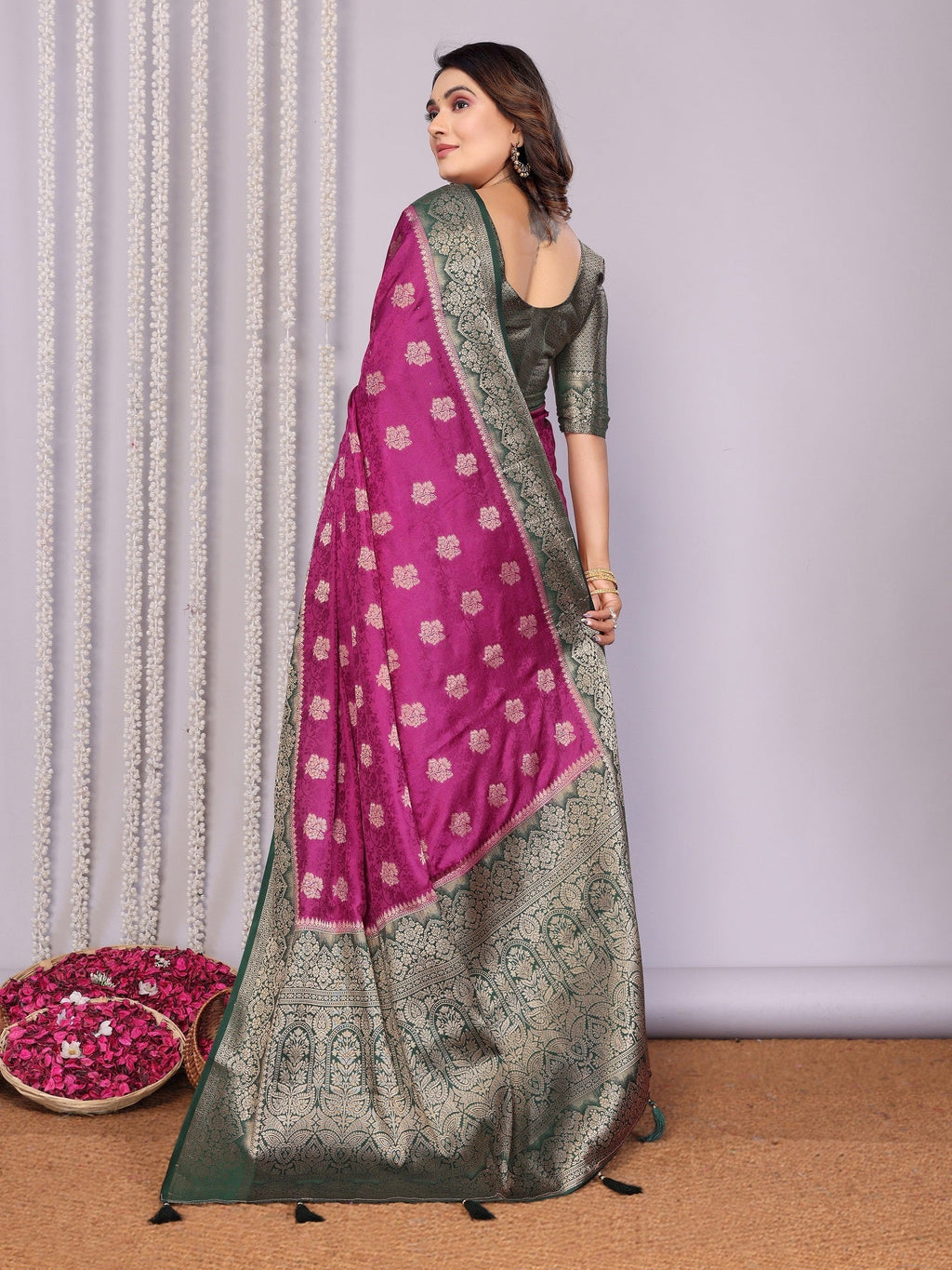 Zari Butta and Contrast Border Satin Silk Saree