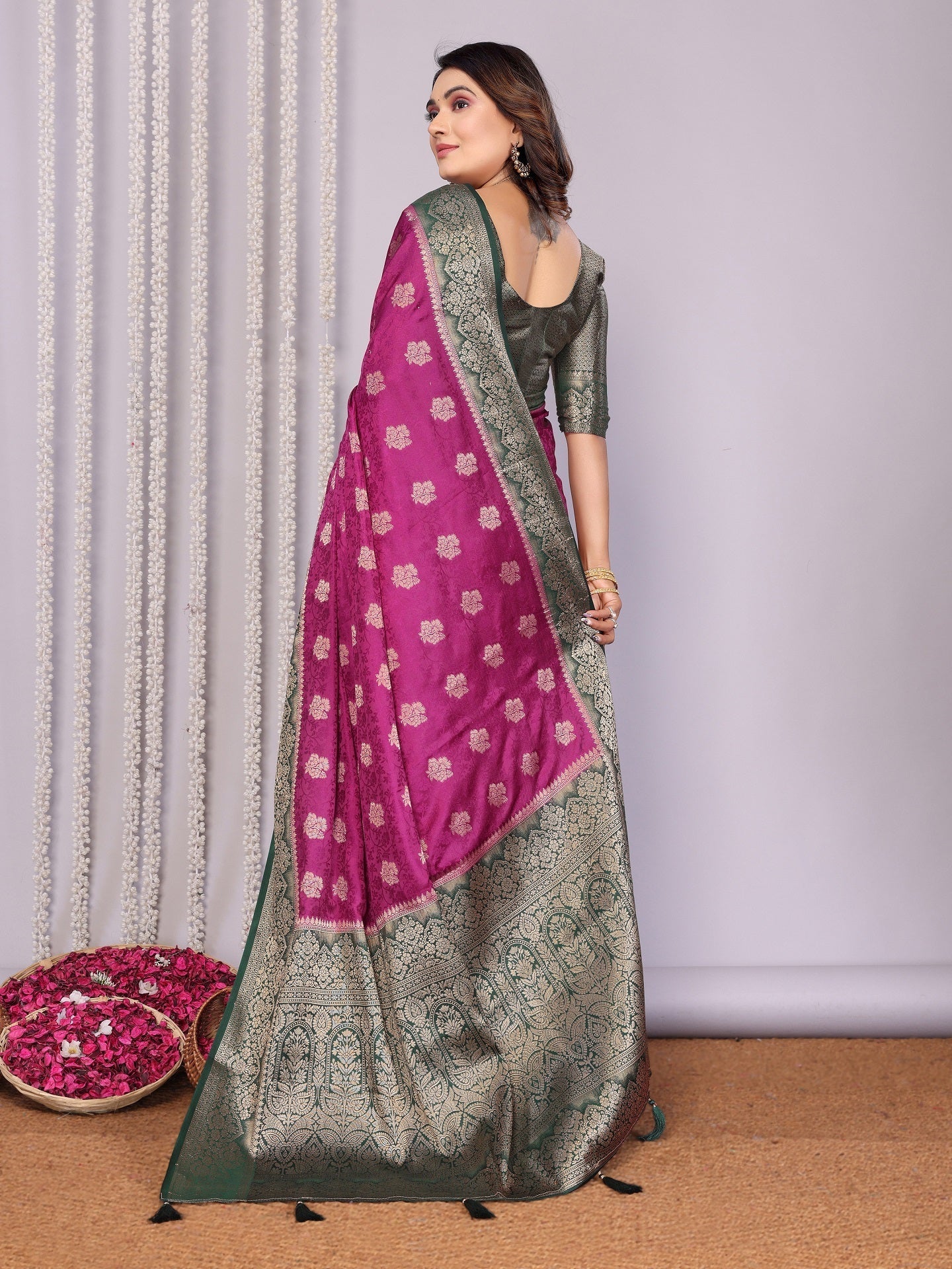 Zari Butta and Contrast Border Satin Silk Saree