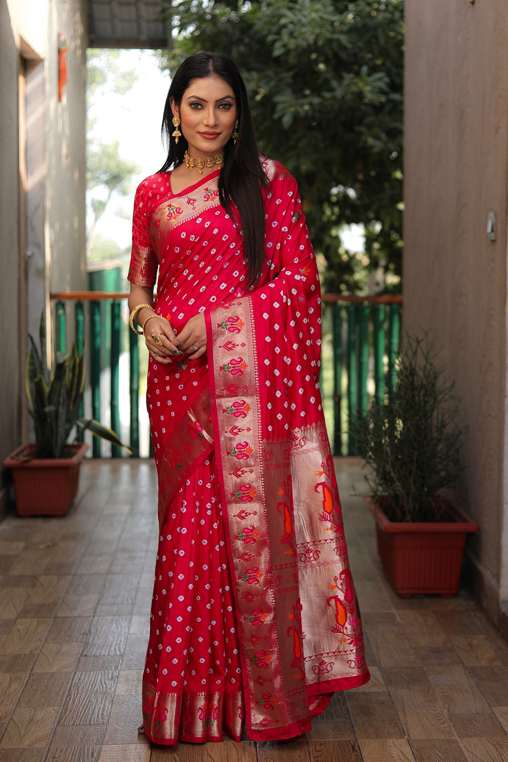 Dola Soft Silk Bandhej Paithani Saree with Zari Butti