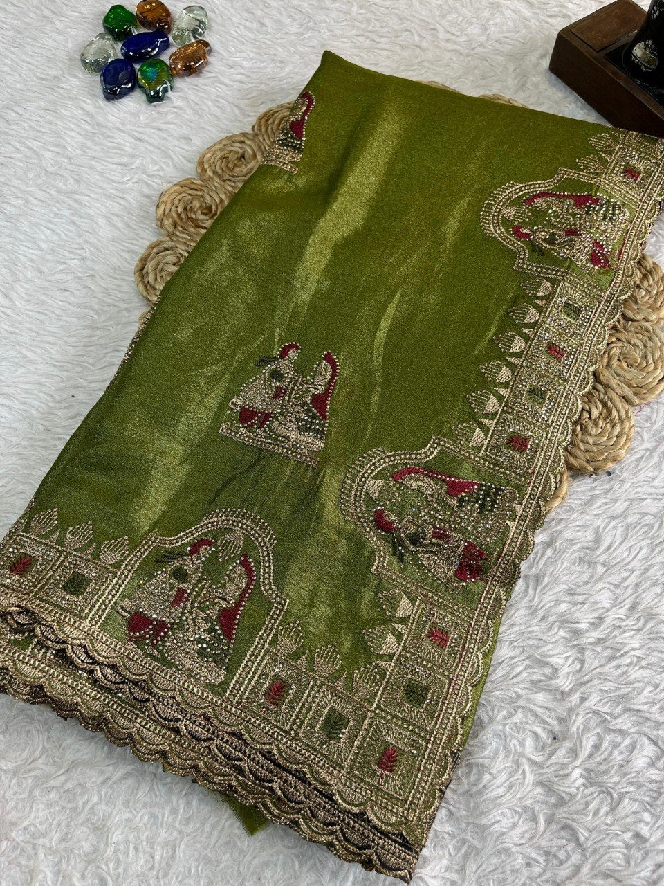 Green Tesla Silk Embroidered Saree