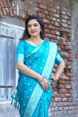 Beautiful Kanjivaram Soft Satin Sky Blue Silk Saree