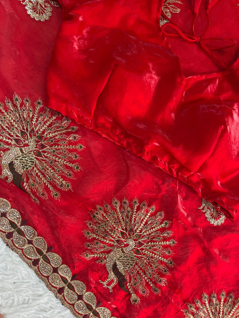 Beautifully Embroidered Fendy Satin Saree