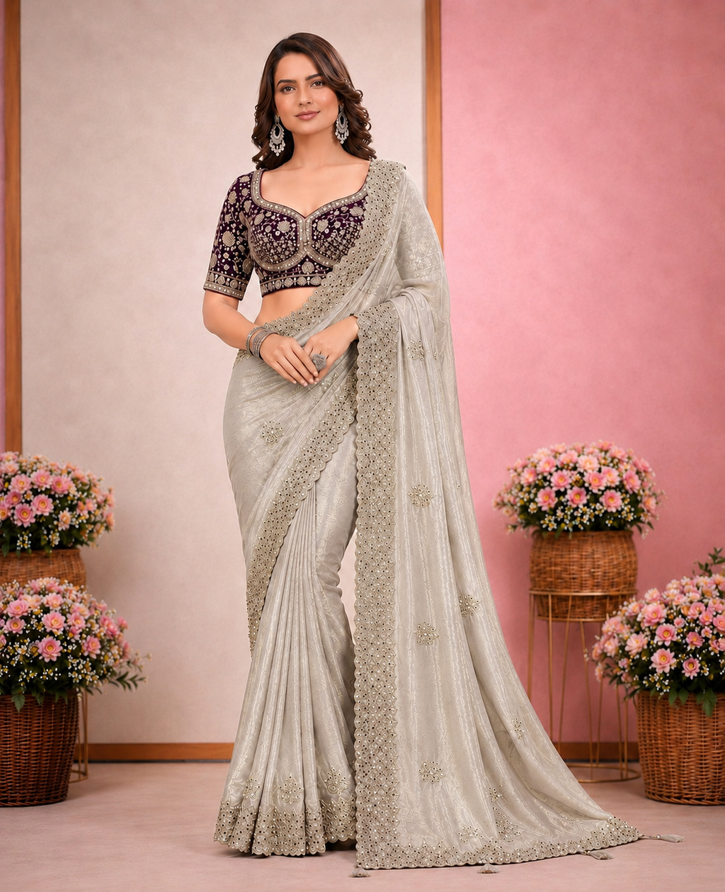 Elegant Satin Embroidered Saree with Sequins Border