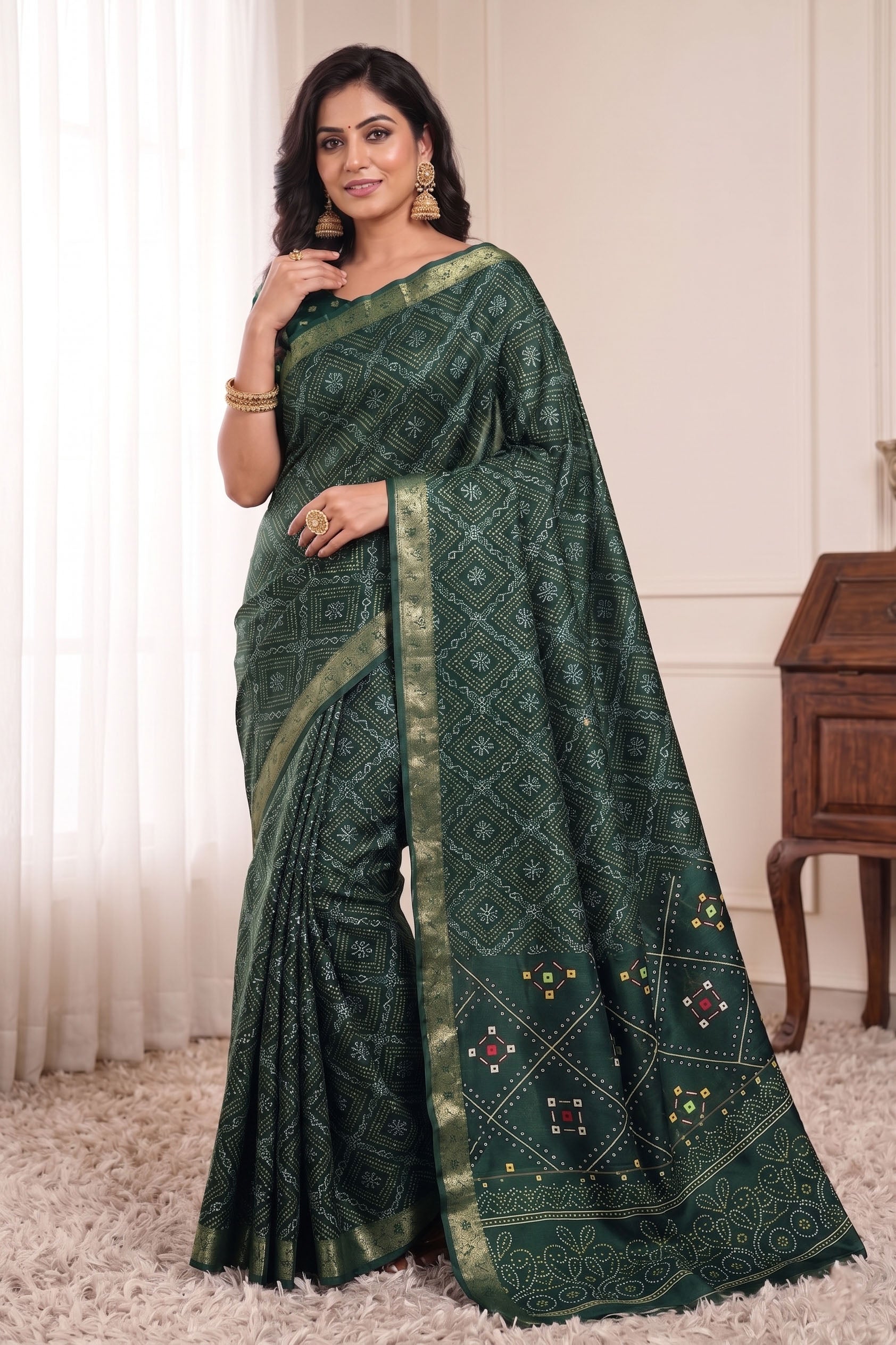 Bandhani Print Soft Silk Blend Saree with Rich Golden Zari Border
