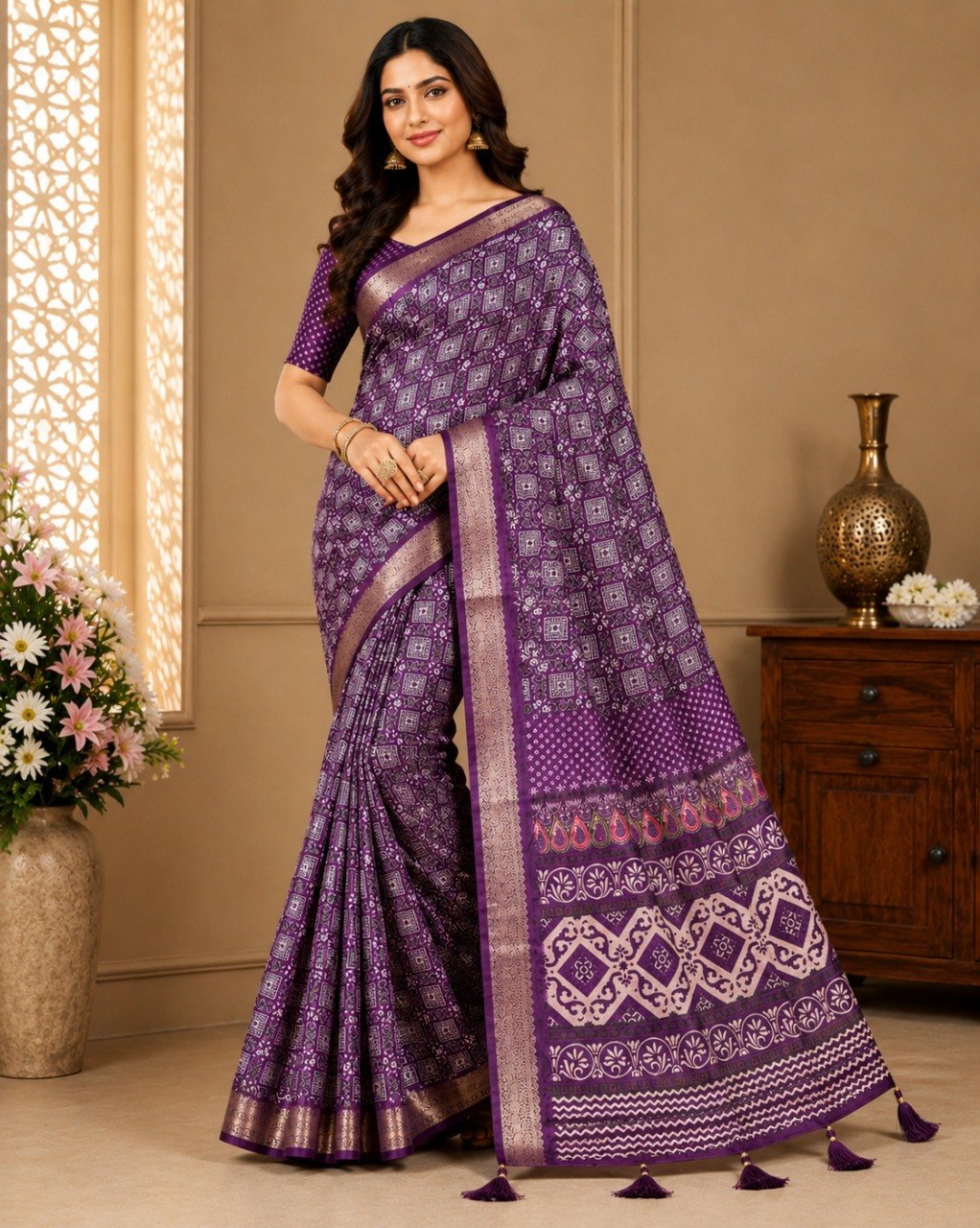 Premium Ajrakh Print Silk Blend Saree
